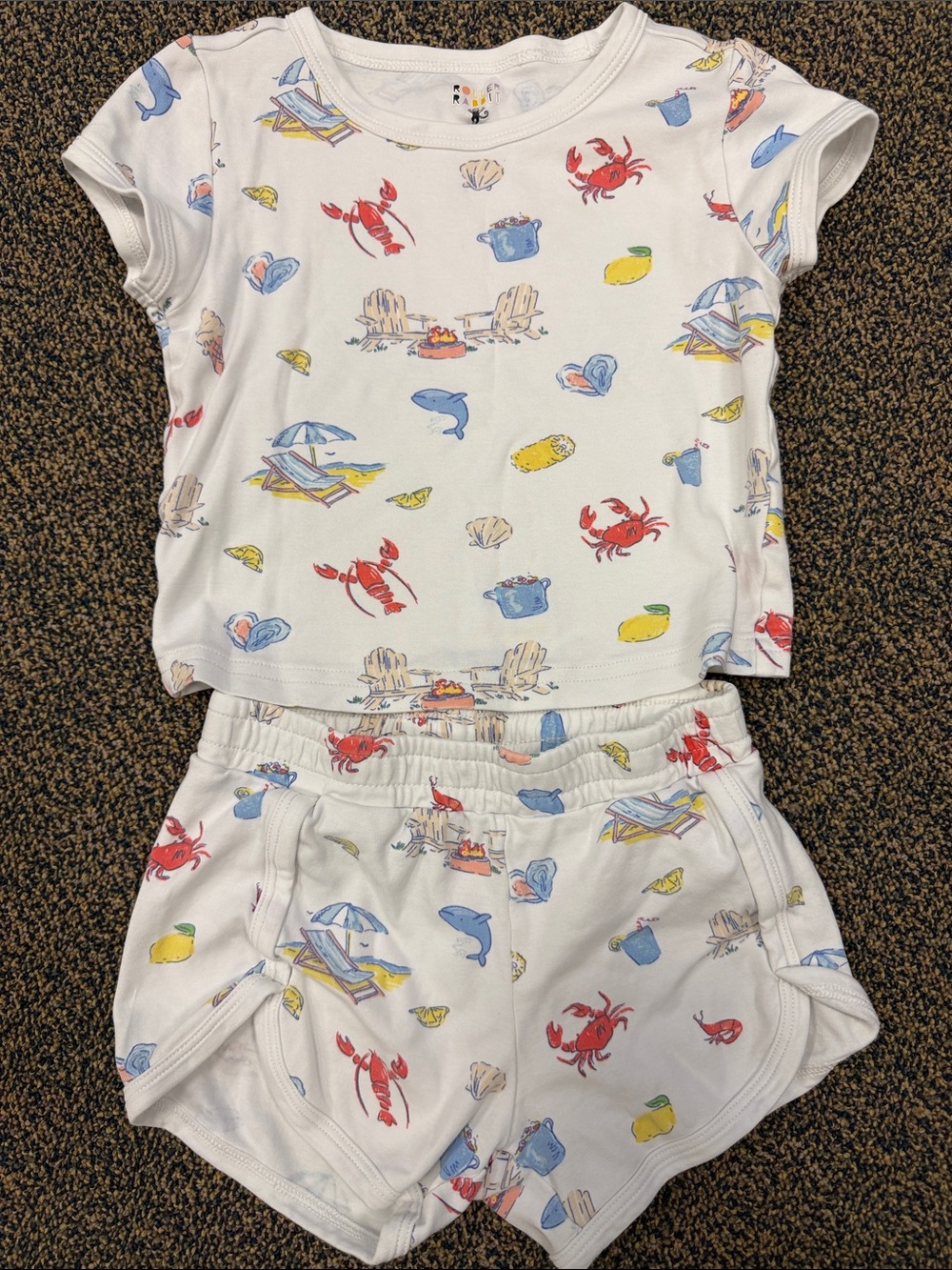 Roller Rabbit Kids White Beach-Print Pajama Set with Red Crab Accent